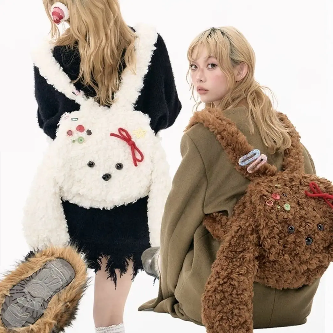 Women Y2k Fluffy Teddy Backpack Large Capacity Cute Plush Dog School Bags Korean Fashion Kawaii Animal Travel Bag White Backpack