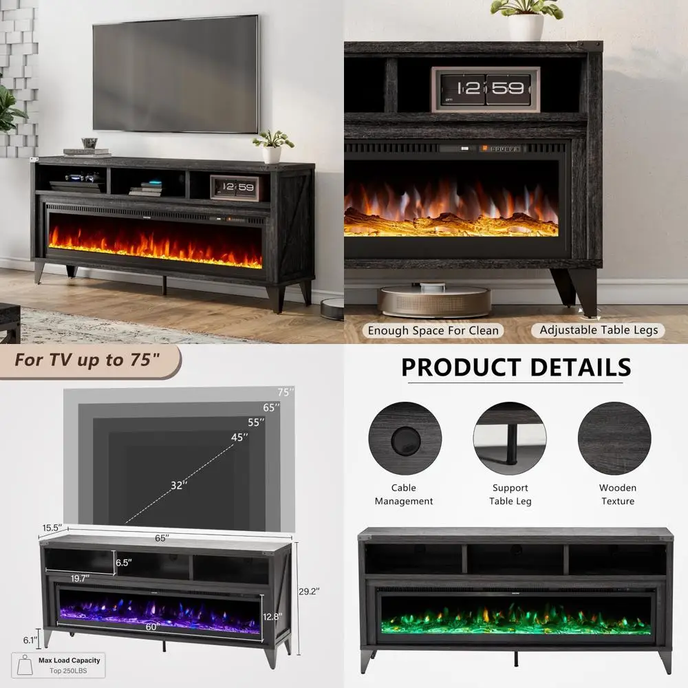 

60 Farmhouse Style TV Stand with Tempered Glass Electric Fireplace & Media Console