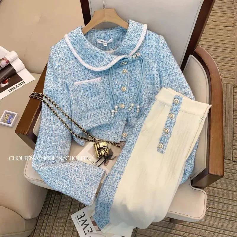 

Woolen Knitted Long Sleeved Top with Spliced Wide Leg Pants Two-piece Set Fashionable Women's Pants Set Casual Sports Set