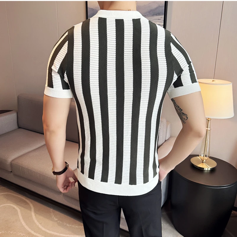 Men\'s Polo Shirts with Striped Short Sleeves Male Slim Fit Stripe Lapel Knitting Polo Shirts Man Leisure Tops 4XL-M