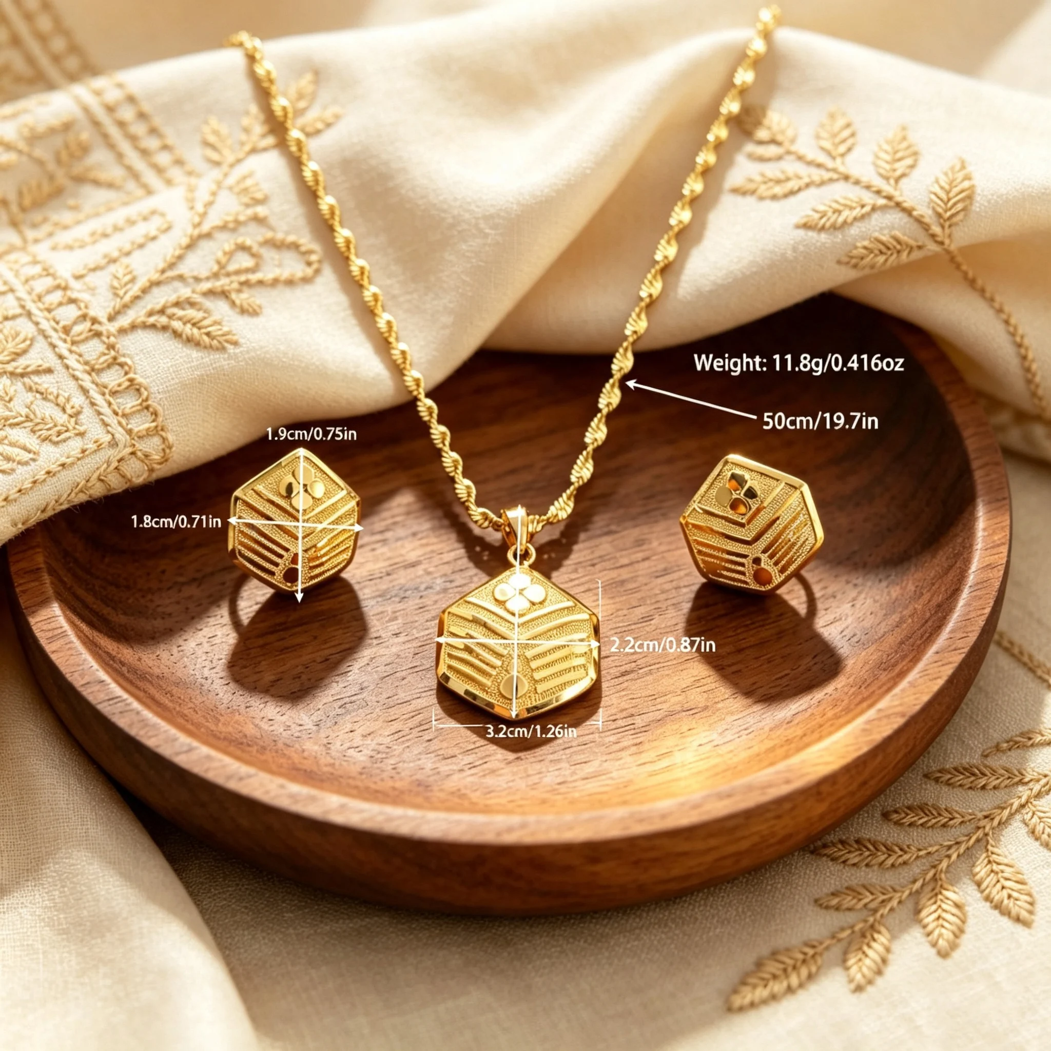 Hexagon Engraved Gold Plated Jewelry Set Vintage Carved Pendant Necklace Earrings Set Fashion Women Wedding Party Jewelry Gift