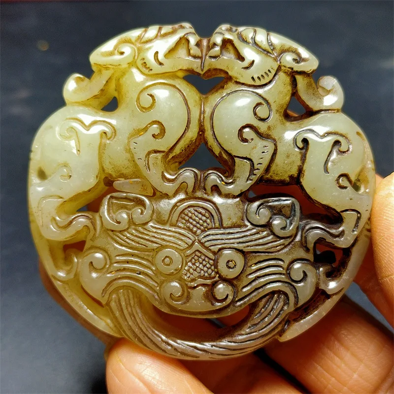 

Jewelry Jade Antique Craft Xiu STONE Carving Double Pixiu Auspicious Beast REAL Pendant Double-Sided Pendant