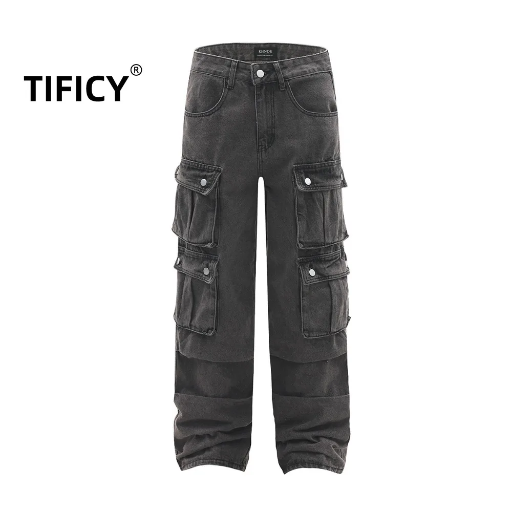 

High Street Men's Multi Pocket Workwear Jeans Men's Loose Wide Leg Streetwear Casual Long Pants