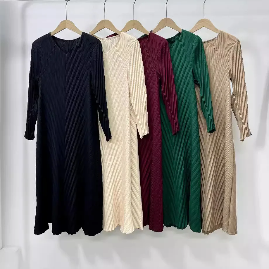 Pleats Original Dress Casual Diamond Pleated Solid Mature Long-sleeved Elegant Dress Women Long Dress Temperament Commuter Skirt