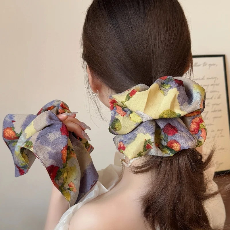 Retro And Fancy Oil Painting Style Flower Hair Ties, Retro Hair Bands, Square Scarves, Buns Hair Ties, Hair Ropes, And Ponytail