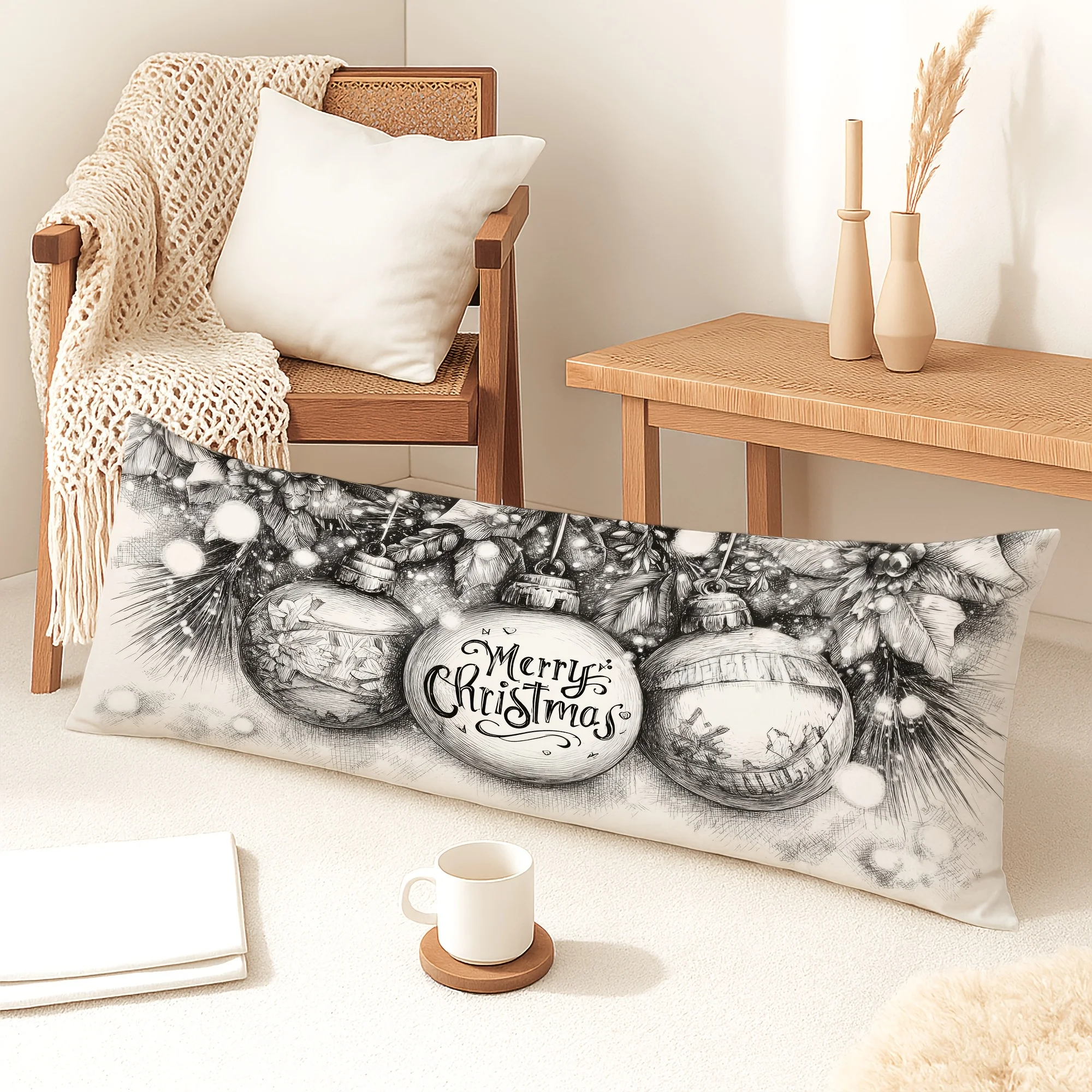 1pc Body Pillow Cover Christmas Decoration Modern Art Ball Leaves Snowflakes 20*54 Inches Suitable for Living Room Bedroom Sofa