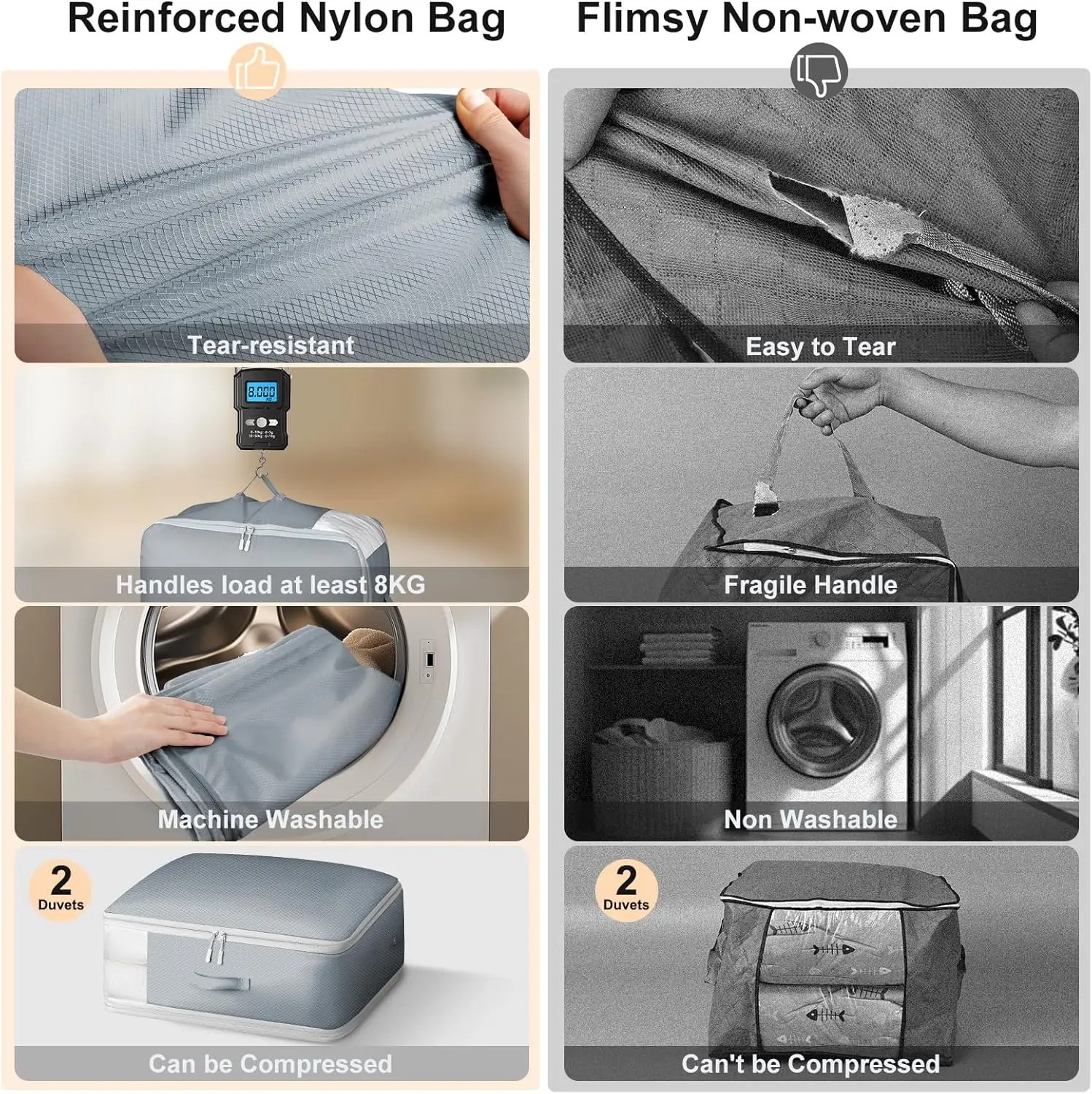 Large Capacity 3-Layer Compression Storage Bags for Blankets, Comforters & Pillows - 4-Pack Grey