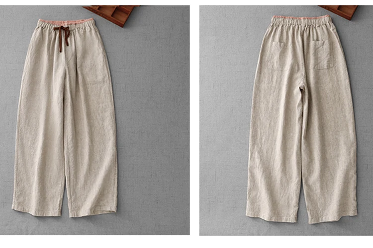 Cotton and Linen Color Blocking High-Waisted Wide-Legged Pants Female Summer New Korean Version of the Loose Temperament Casual