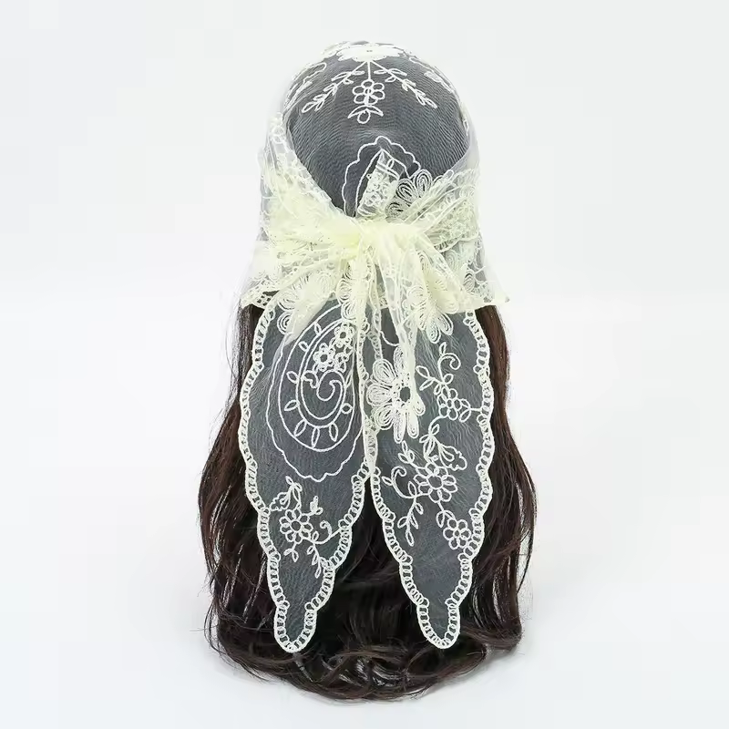 Elegant Lace Scarf Hollow Out Embroidery Foulard Bandana Solid Color Triangular Scarf Thin Vintage HandkerChiefs for Hair Woman - Image 17