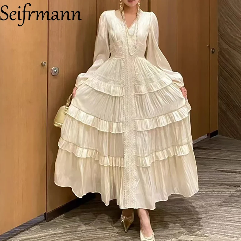 Vestido de noite Seifrmann, vestido feminino de verão 2025 de manga comprida com decote em V com fungo preto em camadas e bordado de renda