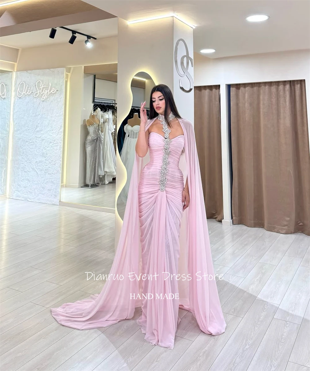 Dianruo ロマンチックなピンクのイブニングドレスキラキラビーズ付き Vestidos De Festa シフォンケープスタイルマーメイドローブ・ド・ソワレカスタマイズ