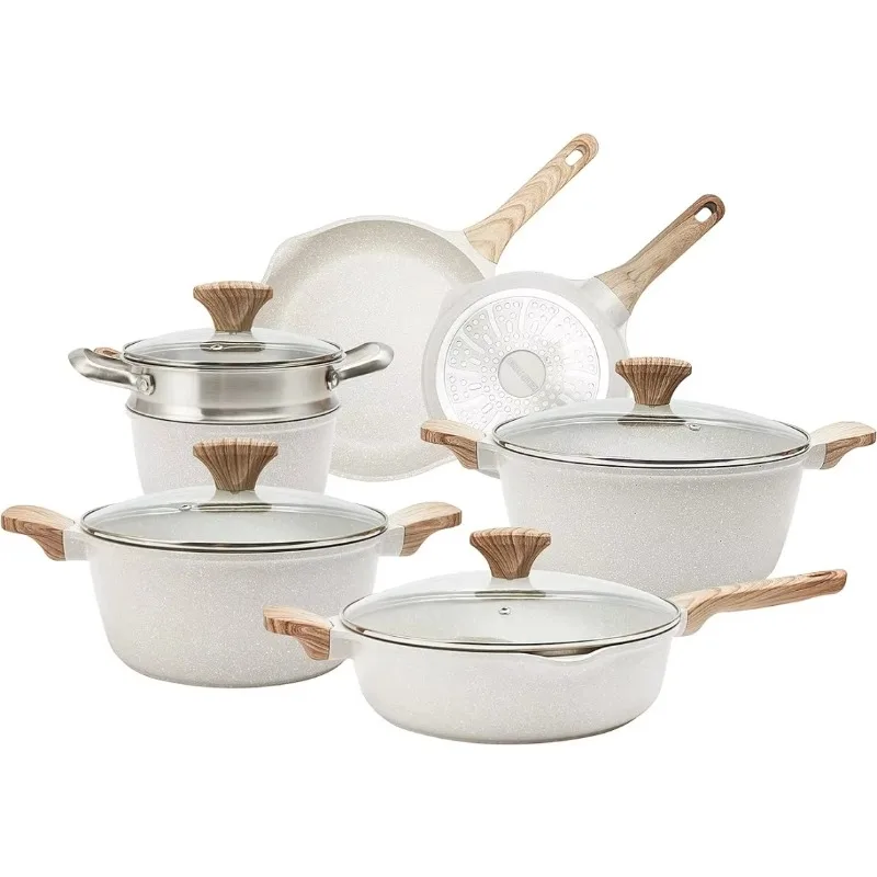 Country Kitchen Nonstick Induction Cookware Sets,11 Piece Cast Aluminum Pots and Pans with BAKELITE Handles and Glass Lids,Cream