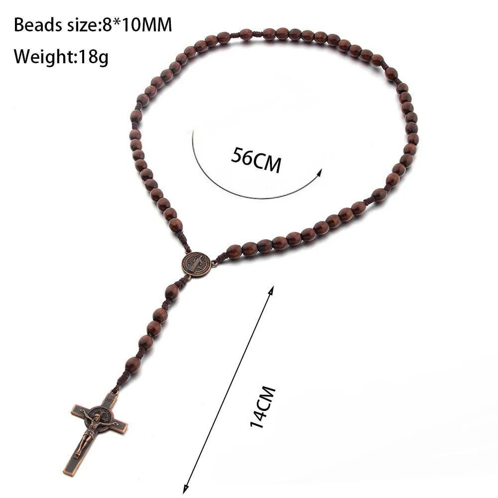 Handmade Wood Beads Rosary Necklace For Women Men Crucifix Cross Pendant Long braided Rope Chain Religious Prayer Jewelry