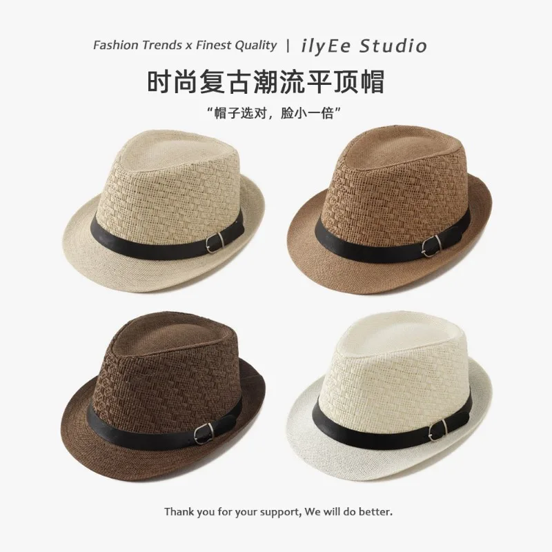 Men Summer Woven Straw Panama Fedora Hat Rolled Brim Vintage UV Sun Protection Outdoor Hat Gift For Father Elderly Daily Wear