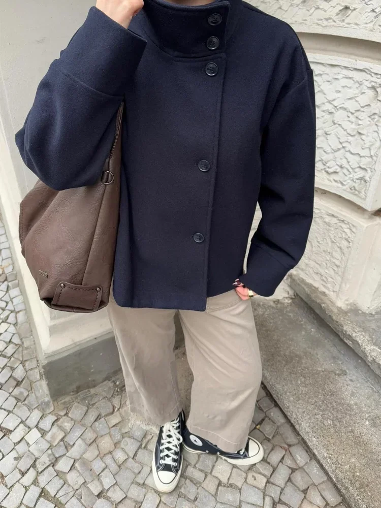 เสื้อแจ็คเก็ตแฟชั่นผู้หญิง แขนยาว คอตั้ง กระดุมแถวเดียว สไตล์ลำลอง สีพื้น สำหรับฤดูใบไม้ผลิและฤดูใบไม้ร่วง