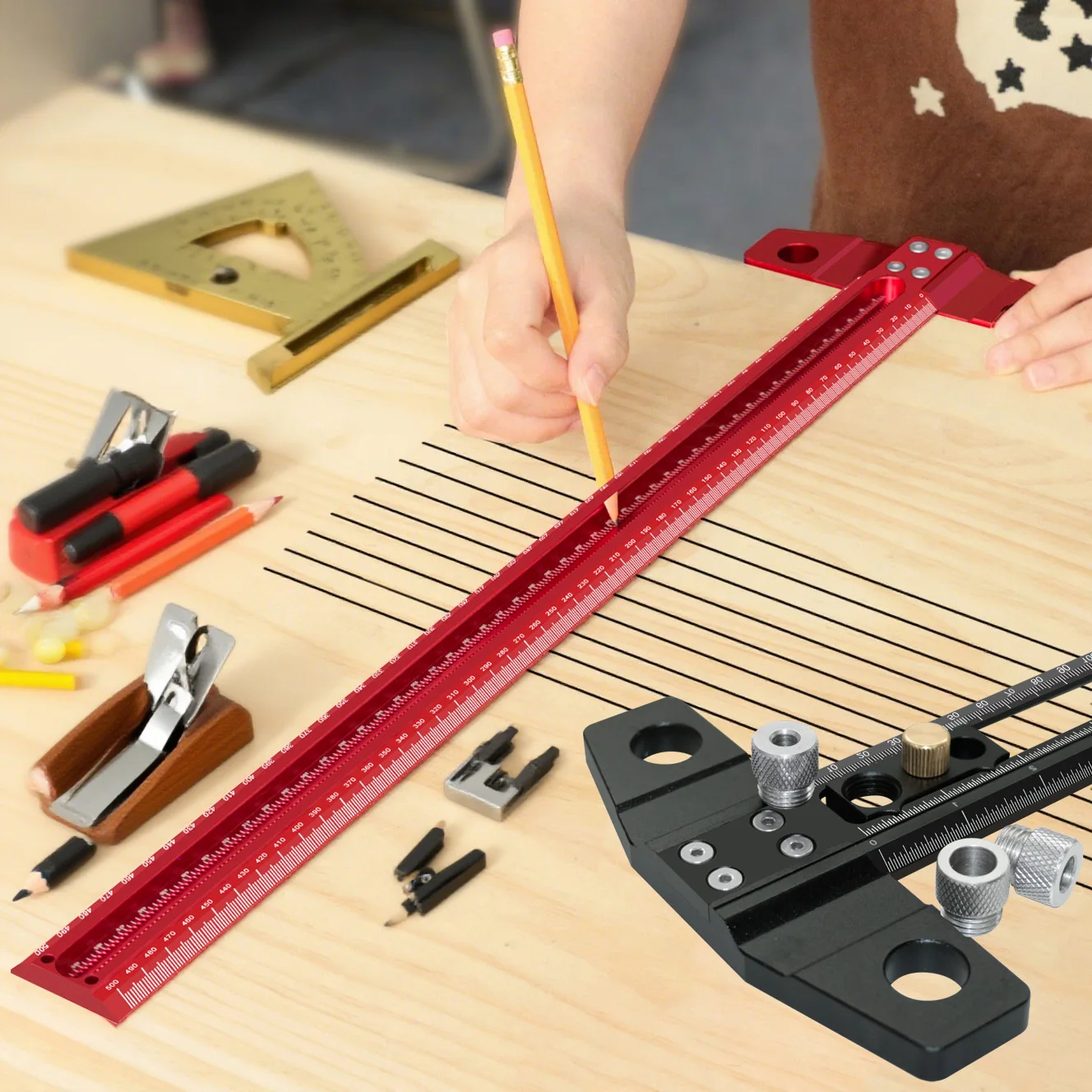 2 in 1 Drilling Positioning Scoring Ruler with 3-10mm DrillAlloy Scriber Marking T Square Multifunctional Dowelling Jig Diy Tool