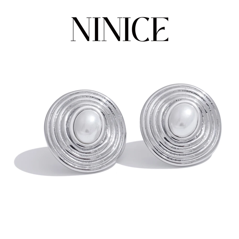 NiNice Exquisite Stainless Steel Simulated Pearls Round Striped Stud Earrings Anti Allergic Accessories Recommend Jewelry Gift