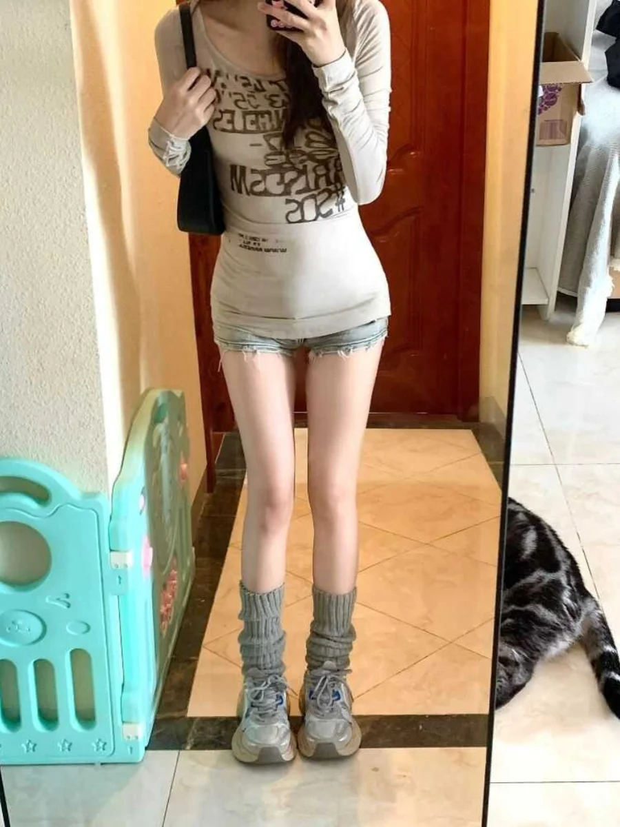 قميص نسائي بأكمام طويلة من القطن الخالص بتصميم أمريكي عتيق، قميص رمادي ضيق للخريف والشتاء، ملابس داخلية نحيفة وجذابة #3