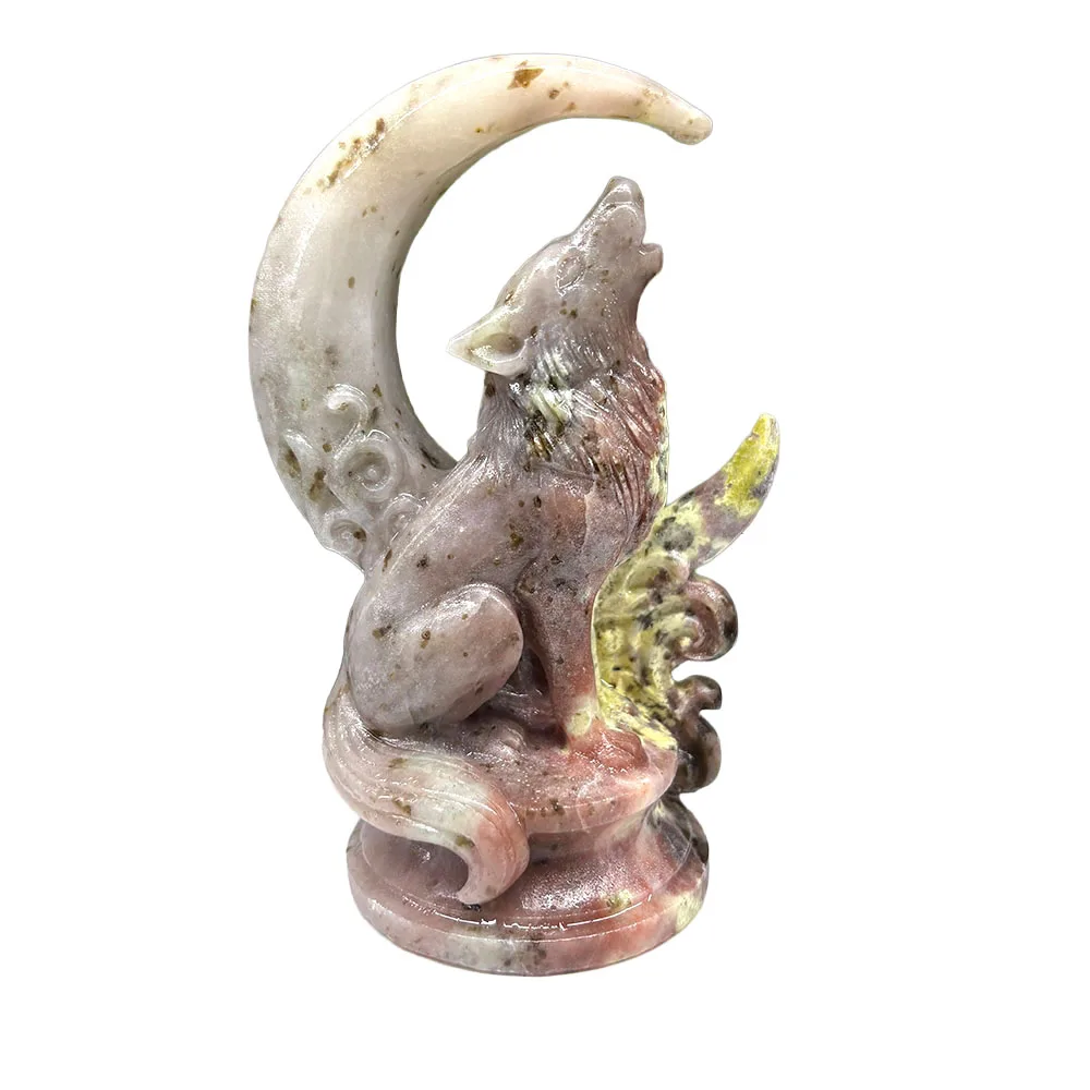 Custom Natural Peach Blossom Stone Howling Wolf Figurine - 13cm Hand-Carved Gemstone Crescent Moon Wolf Statue Decor