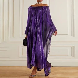 Womens Sexy Slash Neck Irregular Pleated Dress Spring Off Shoulder Batwing Sleeve Party Dress Summer Backless Loose Long Dresses