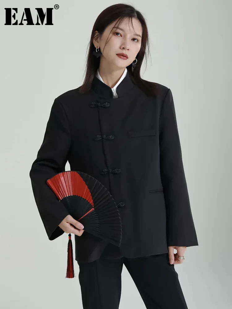 

[EAM] Women Black Buckle Vintage Elegant Blazer New Stand Collar Long Sleeve Jacket Fashion Tide Spring Autumn 2024 1DH4785