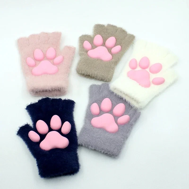 Cloth Plush Warm Cat Paw Gloves, Cute Pink 3D Cat Paw Pads Gloves Fingerless Winter Cold Weather Mittens for Women Girls