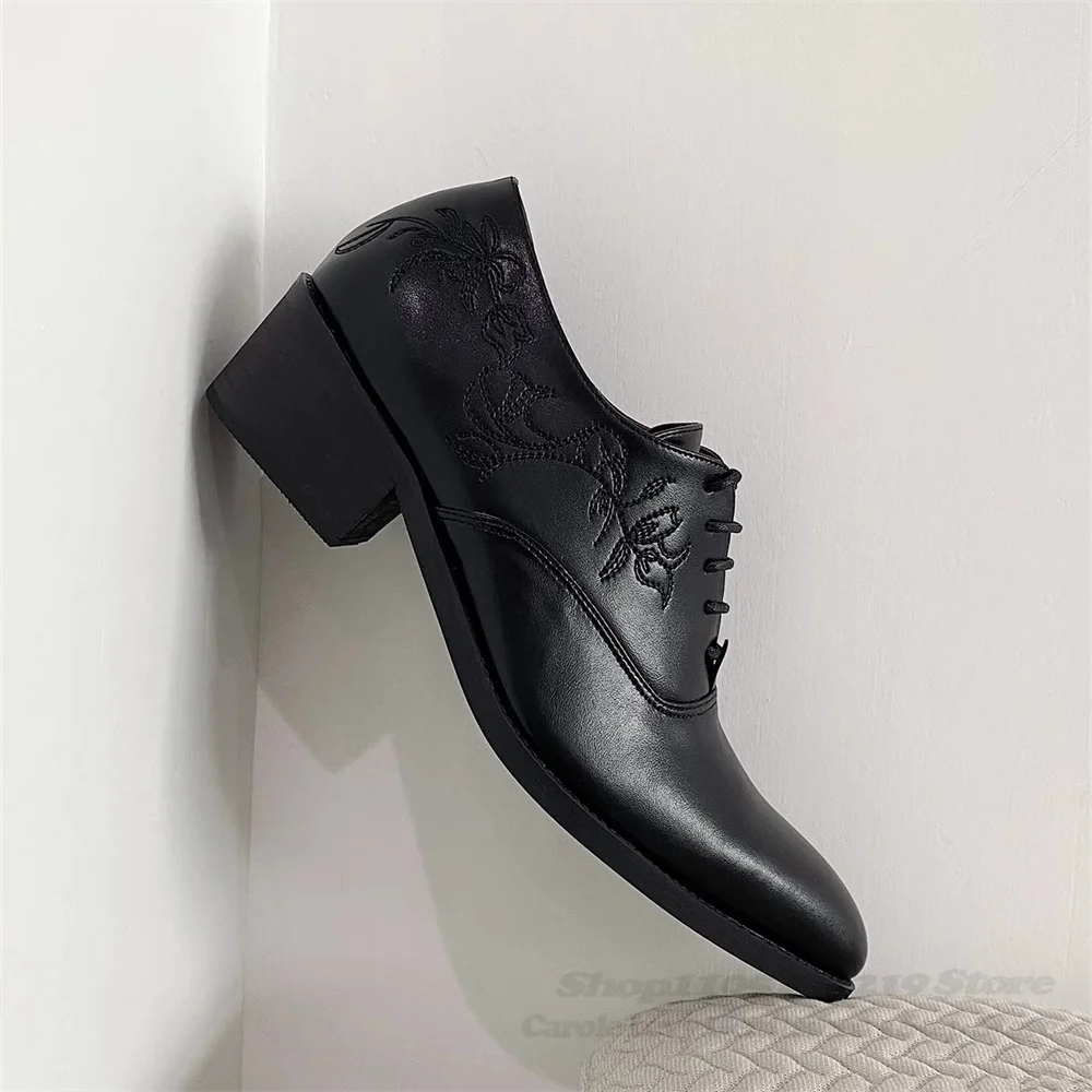 2026 New Spring Summer Embroidered Derby Shoes for Men Pointed Toe Height Increasing Lace Up Casual Leather Handmade Shoes