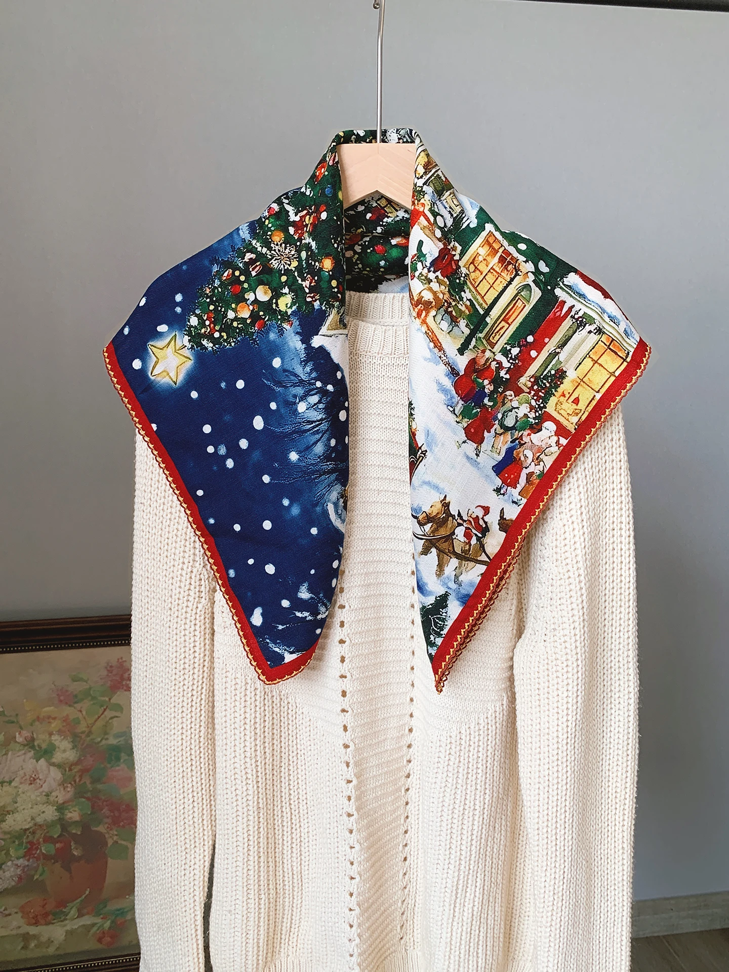 クリスマスの雰囲気-シルクスカーフ-00-ファインウール-暖かさ-スクエアスカーフ-65cm-雪景色-多機能-花柄-ユニセックス