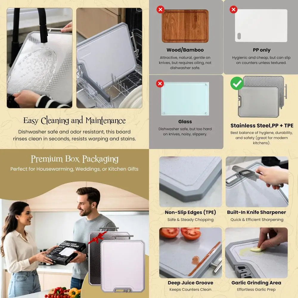 

Double-Sided 304 Stainless & PP Cutting Board Set with Built-In Sharpener, Non-Slip, Dishwasher Safe, Medium & Large for Kitchen