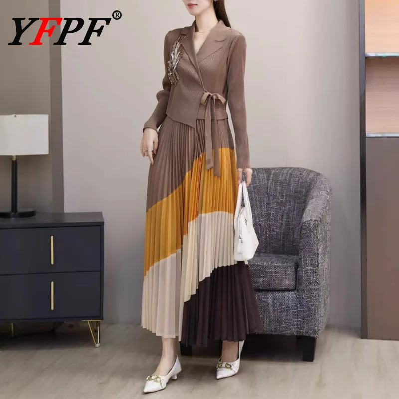 

YFPF Miyake Pleated Women Dress Fashion Flower Contrast Color Lace-up Gathered Waist A Line Long Dresses Elegant 2025 New