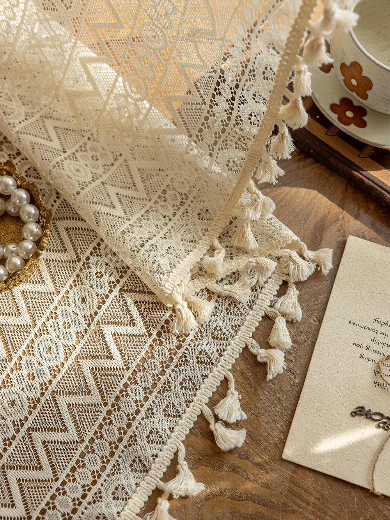 1pc Elegant Lace Rod Pocket Curtains with Tassel Fringe for Bedroom and Living Room Decor, Triangle Wave Pattern