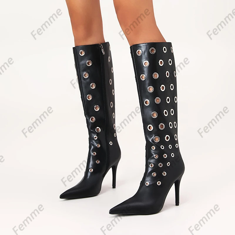 Pointed Toe Knee High Boots for Women - Black Leather Stiletto Heels with Metal Eyelets Design Ladies US Plus Size 36-45
