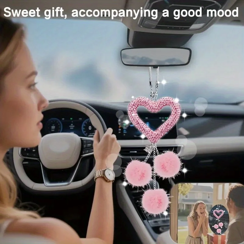 Fashion Diamond Love Car Accessorie Bling Hairball Pendant Auto Rearview Mirror Pendant Birthday Gift Auto Decoraction Ornaments