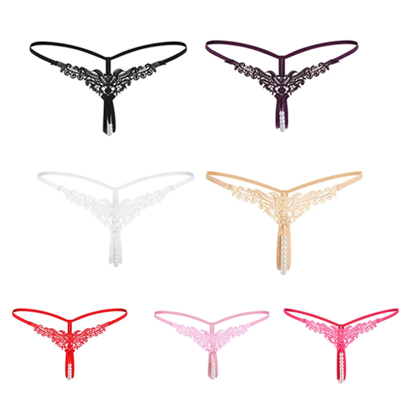 Lingerie sexy Mutandine da donna Pizzo Ricamo di perle Slip con apertura sul cavallo Perizoma T trasparente Pantaloni Intimo Mutandine da donna