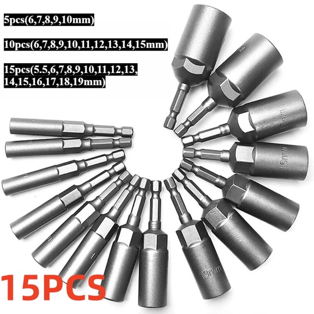 15/5Pcs 80mm Length Deepen Power Nut Driver Drill Bit Set 5.5-19MM Impact Socket Adapter For Power Tools 6.35MM Hex