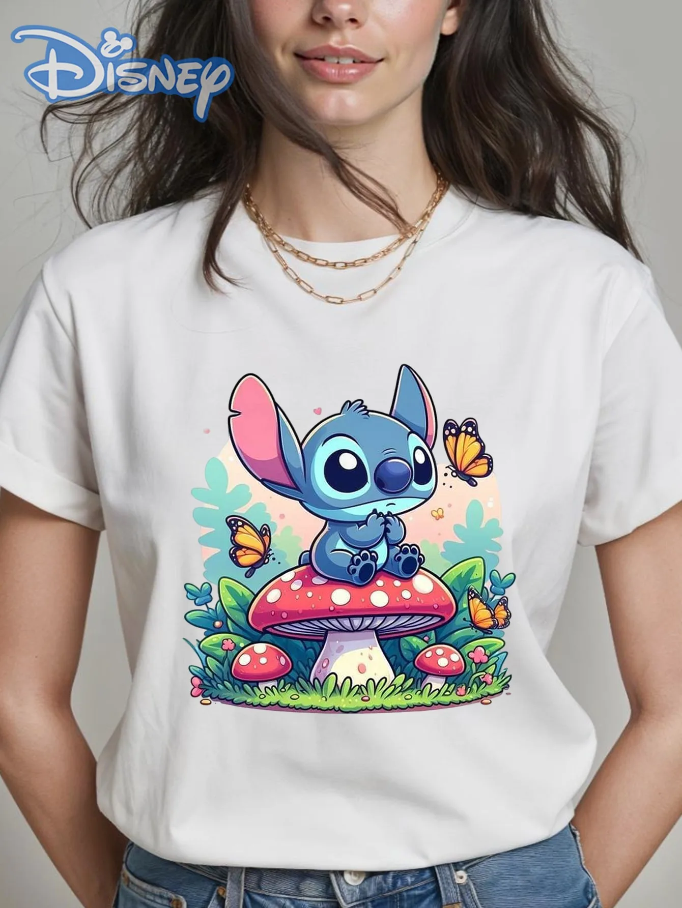 

2025 Disney Pattern Printed Women's Casual Comfortable Unique Smiling Face Black Round Neck Short Sleeve T-shirt