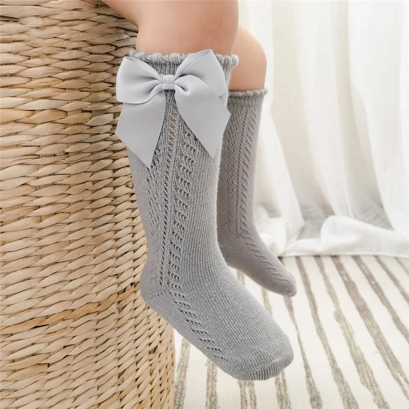 Summer Kids Knee High Socks Baby Girls Boys Bow Long Sock Soft Cotton Mesh Breathable Children Hollow Socken For 0-7Years