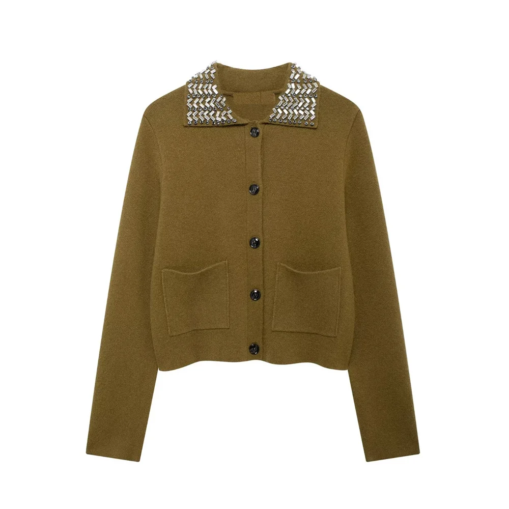 

Новый женский европейский и американский стиль, инкрустированный свитер с длинными рукавами и лацканами, карман, вязаная куртка, короткая куртка