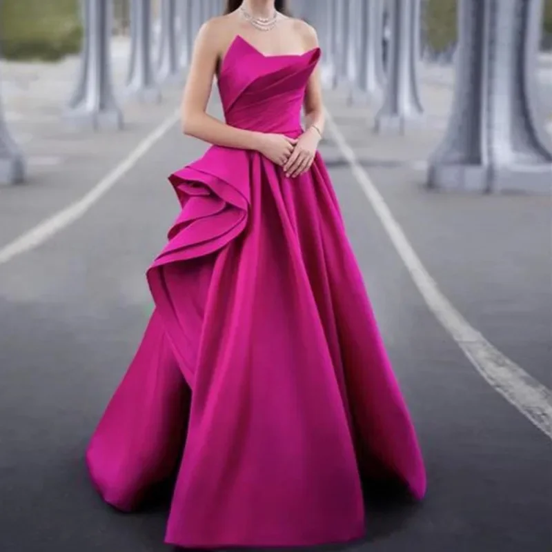 Customized Luxury Vestidos 2024 Elegant Satin Saudi Dubai Arabic Evening Dresses Women Fuschia A Line Party Formal Gowns Long Pr