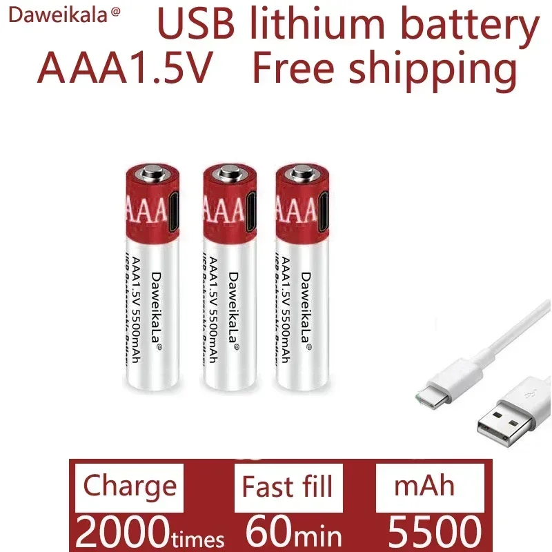 New2024 USB AAA Rechargeable Batteries 1.5V 5500 mAh li-ion battery for remote control mouseElectric toy battery + Type-C Cable