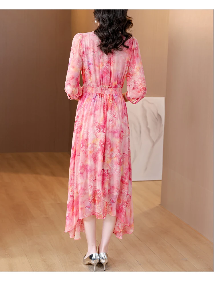 ZUO MAN RU 2023 Summer New Pink Silk Flower Print Dress V-Neck Loose Large Size Slim Knee Length Skirt Beach Resort Style Robe