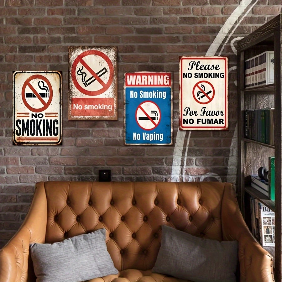 4PC Vintage No Smoking Metal Tin Sign Set Spanish No Vaping Warning Plaque Restaurant Bar Cafe Office Wall Decor
