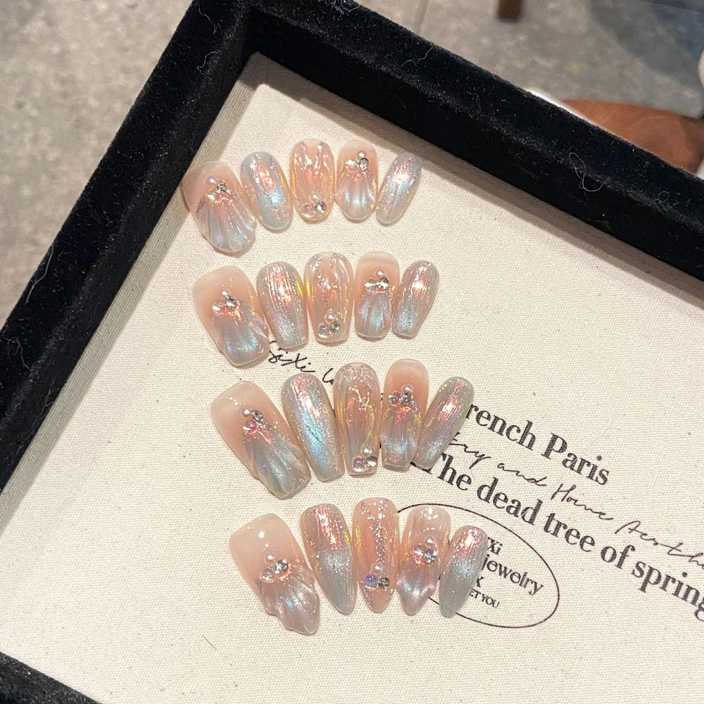 Handmade Almond Press on Nails Luxury Nude Mermaid Reusable Artifical False Nails Wearable Nail Tips Nail Art Desired Life Store