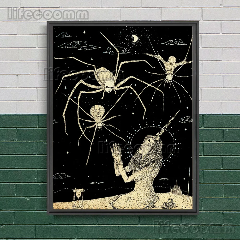 Spiders From Heaven,Church And Cats,Behemoth Skeleton,Vintage Wall Art Canvas Print,Horror Pencil Drawing Artwork,Poster Deco