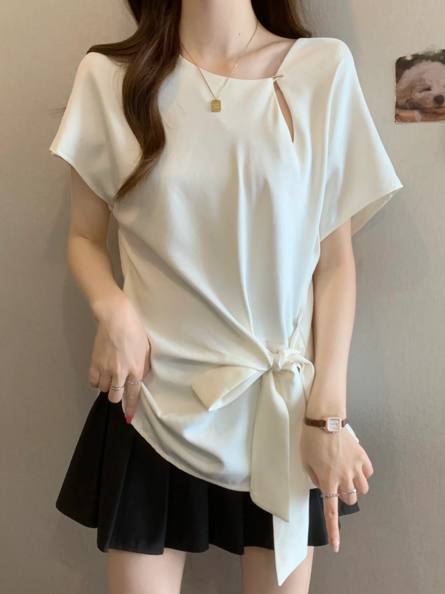 Women's Hollow out Short Sleeve Base Shirt Summer New plus Size Flattering Design Sense Belted Waist Concealing Belly Top
