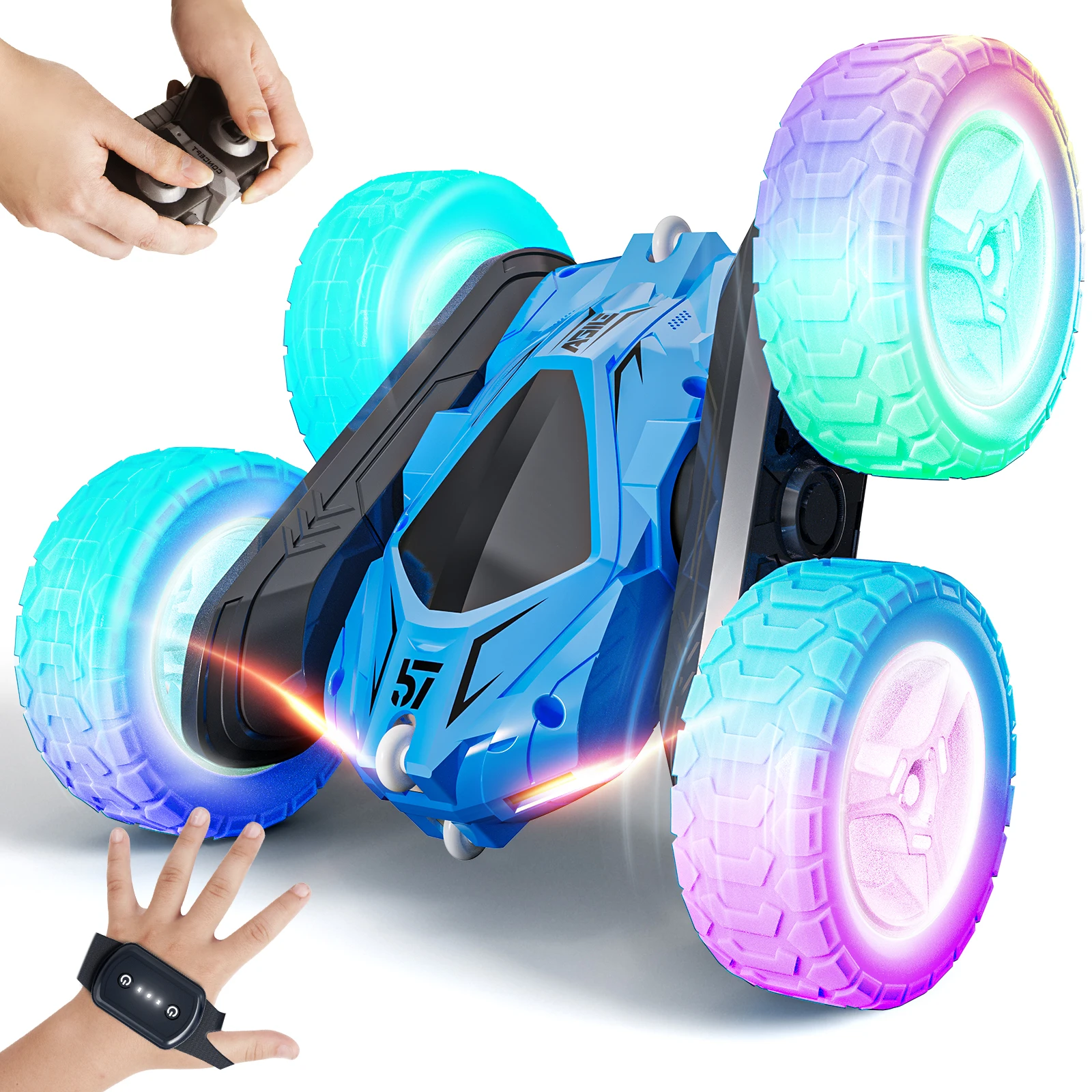 Remote Control Car, RC Cars Double Sided 360° Rotating Toy Car, Gesture Sensing RC Stunt Car with Wheel Lights, Gift, BLue