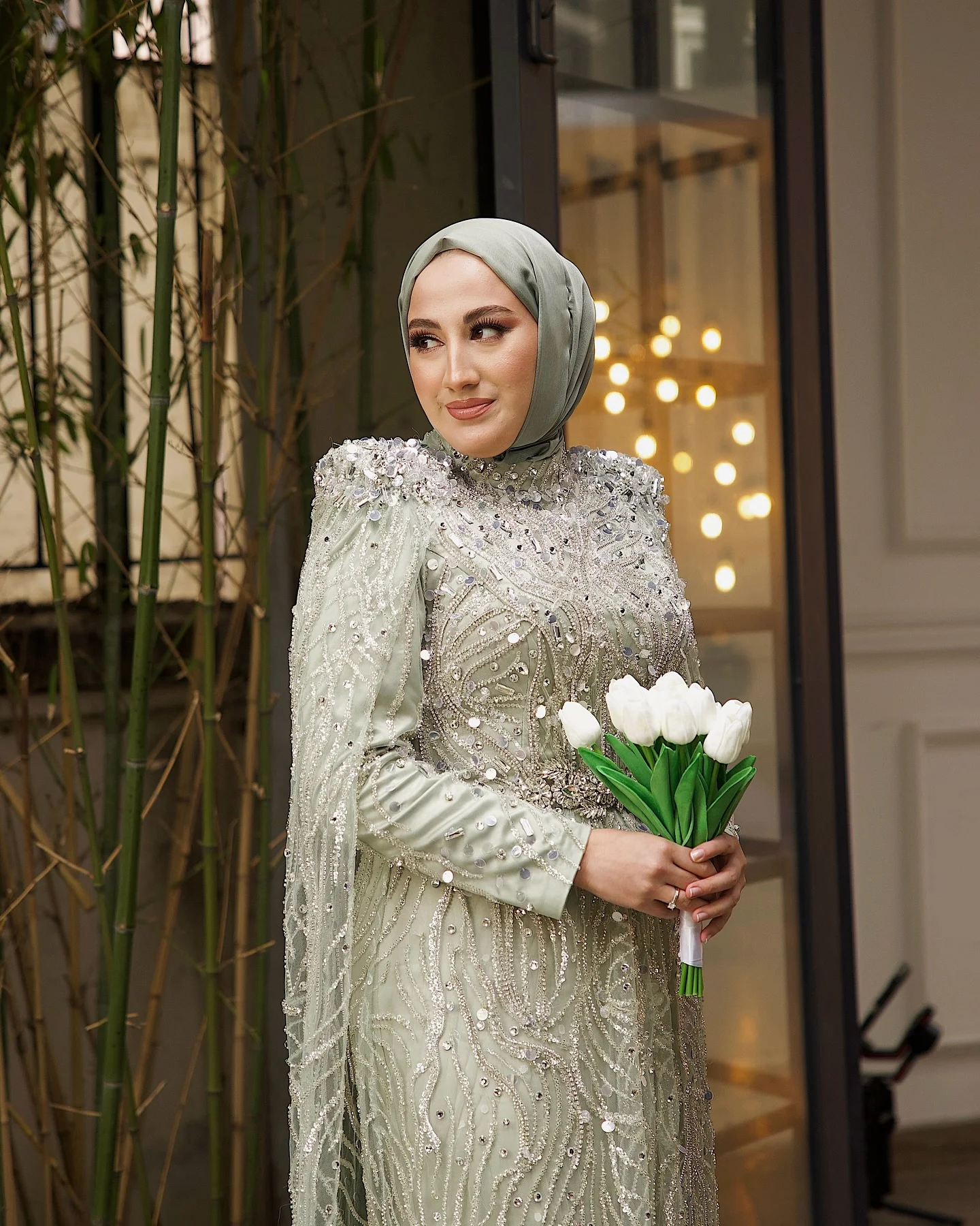 Sharon Said Luxuriöses Dubai Champagner Kristallperlen-Cape Muslimisches Abendkleid Arabisches Hochzeitskleid Ballkleid SS366 Maßanfertigung – Detail 23