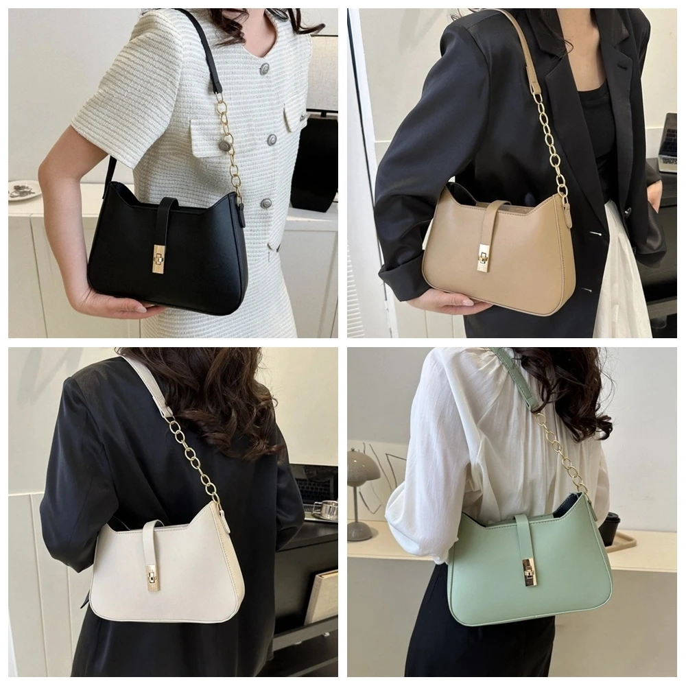 

Solid Color PU Underarm Bag Shoulder Pouch Korean Style Women Shoulder Bag All-match Large Capacity Chain Handbag Office