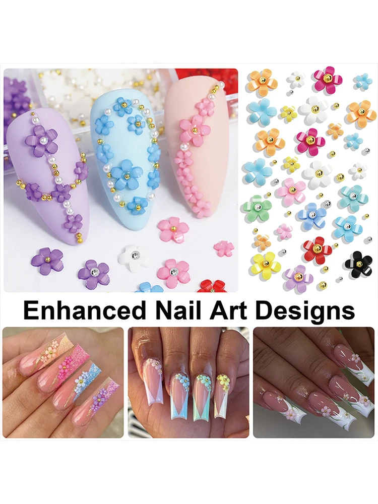 12-Fach Gemischtes Blumen-Nagelcharms-Set, 12-Farbige Gold-, Silber-Stahlkugeln & Strasssteine, DIY Nagelkunst-Dekorationen, Professionell – Detail 7