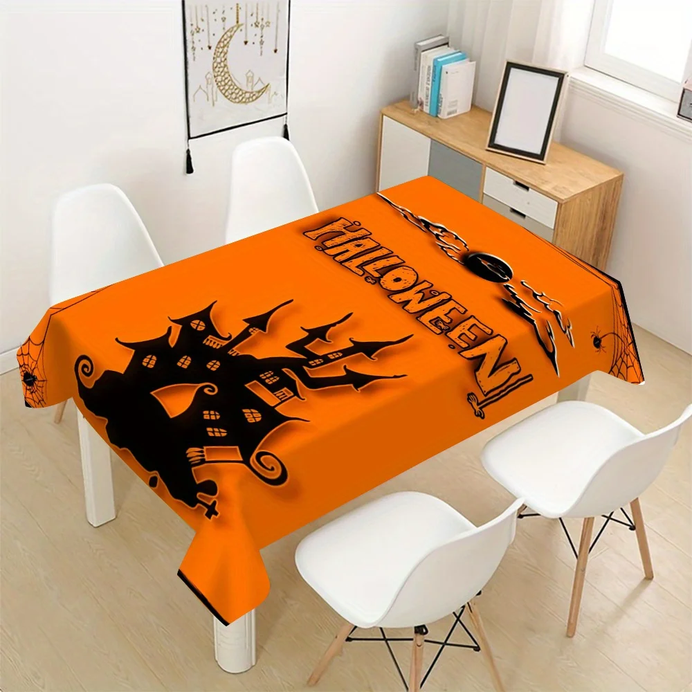 Halloween Tablecloth, Orange Haunted Mansion Print Cover, Washable Table Cloth for Party, Classic Spooky Style Home Table Decor